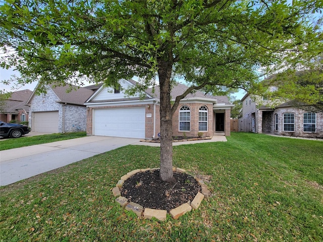 ranch-style house featuring a garage and a front lawn