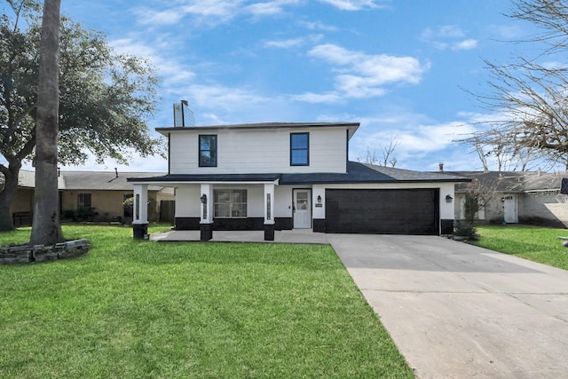 view of front of home featuring a garage, covered porch, and a front lawn