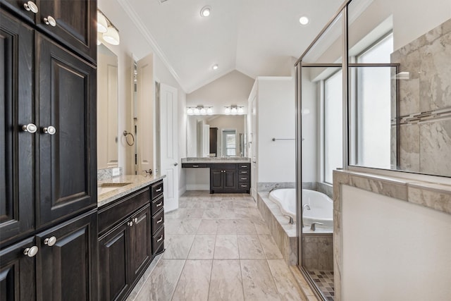 bathroom featuring ornamental molding, vanity, independent shower and bath, and vaulted ceiling