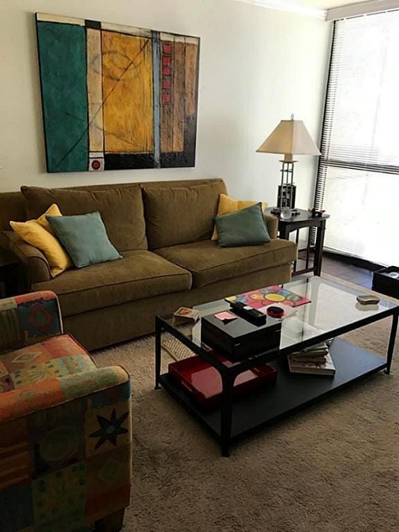 living room with floor to ceiling windows and carpet