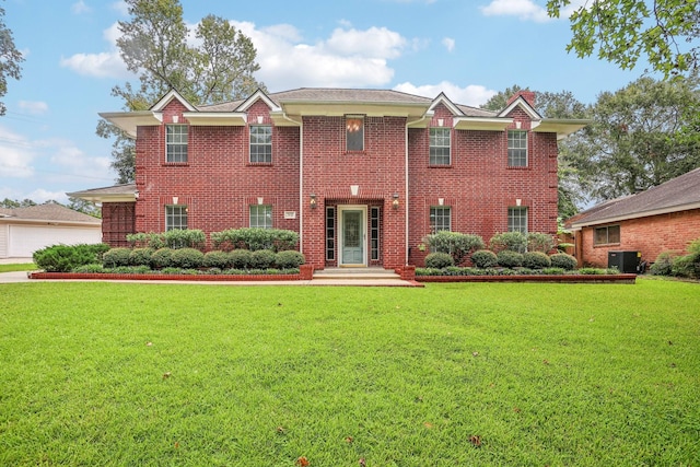 colonial house with central AC unit and a front lawn