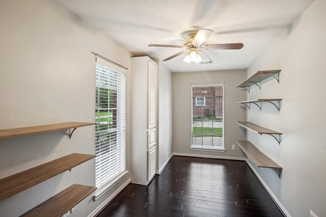 doorway to outside featuring a healthy amount of sunlight, a textured ceiling, and dark hardwood / wood-style flooring