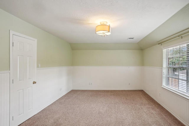 unfurnished room with vaulted ceiling, a textured ceiling, and carpet