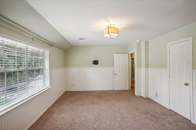 unfurnished room with lofted ceiling, carpet, and a textured ceiling