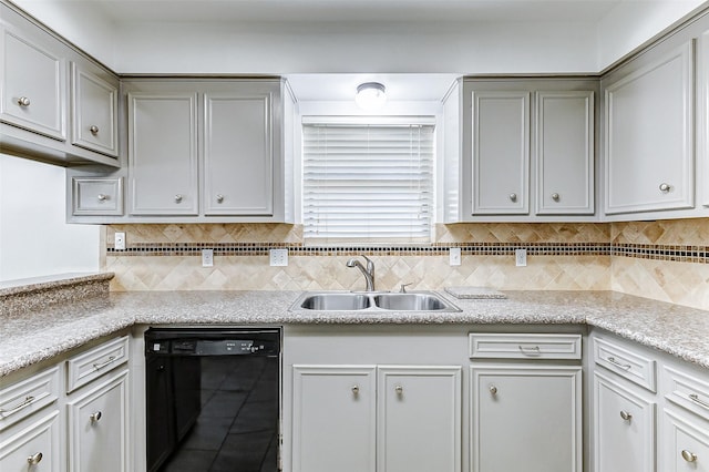 kitchen featuring dishwasher, sink, gray cabinetry, and backsplash