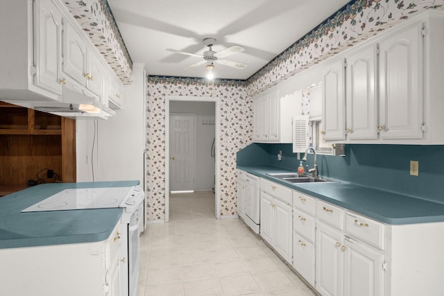 kitchen featuring light tile patterned flooring, sink, white appliances, ceiling fan, and white cabinets