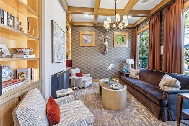 living room featuring coffered ceiling, beam ceiling, and an inviting chandelier