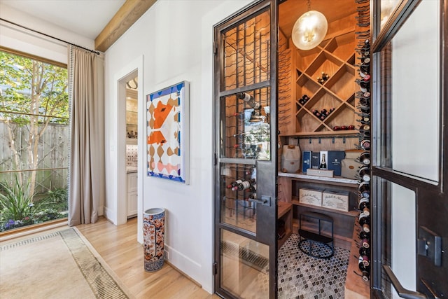 wine cellar with light hardwood / wood-style floors