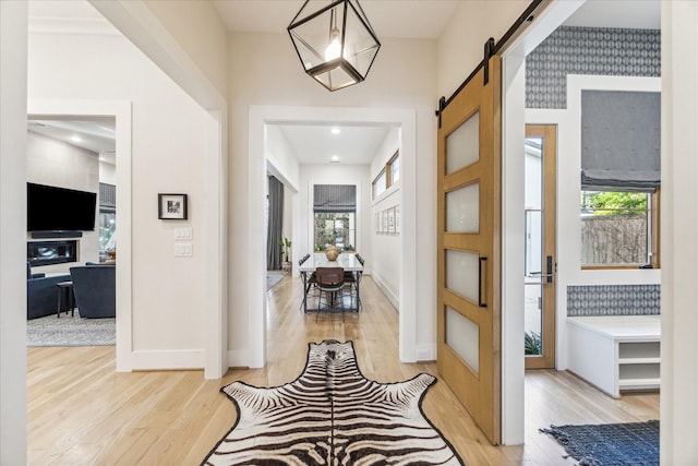 hallway with a barn door and light wood-type flooring