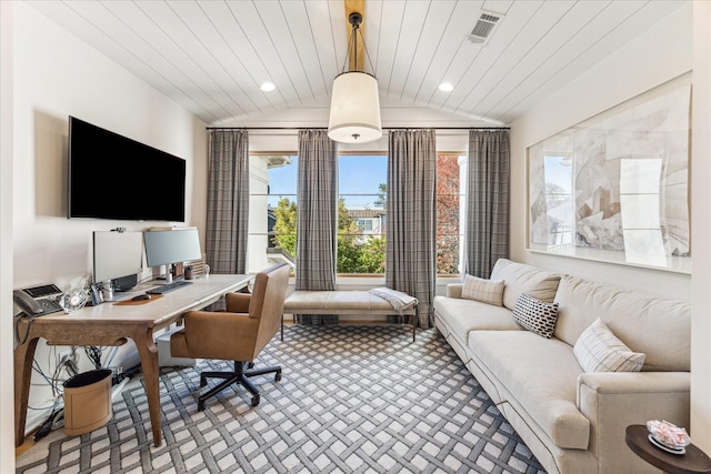 office area featuring carpet flooring, vaulted ceiling, and wooden ceiling