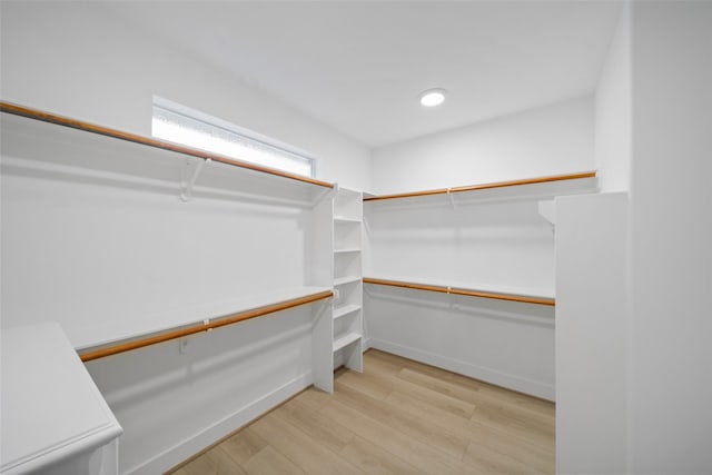 walk in closet with light hardwood / wood-style flooring