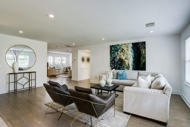 living room with dark hardwood / wood-style flooring