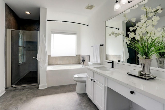 full bathroom with vanity, toilet, and plus walk in shower