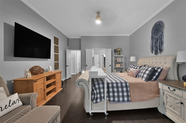 bedroom featuring ornamental molding and dark hardwood / wood-style floors