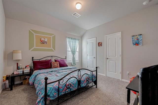 bedroom with carpet and lofted ceiling