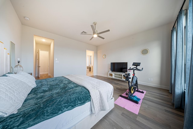 bedroom featuring dark wood-type flooring and ceiling fan