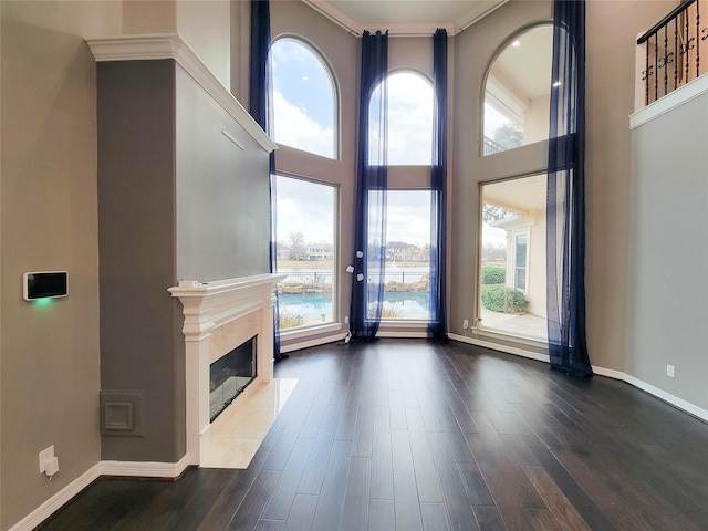 unfurnished living room with a high ceiling, dark hardwood / wood-style floors, a wealth of natural light, and a fireplace