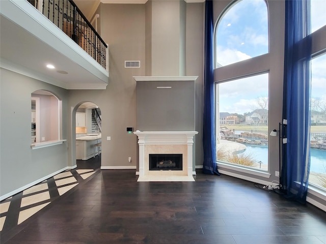 living room with a water view, a healthy amount of sunlight, a high end fireplace, and dark hardwood / wood-style flooring