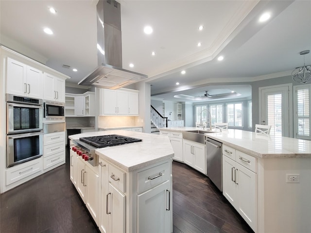 kitchen featuring sink, a large island with sink, island exhaust hood, stainless steel appliances, and white cabinets