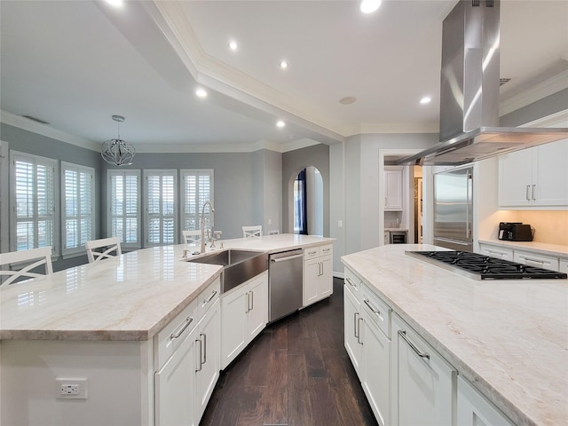 kitchen featuring sink, island exhaust hood, stainless steel appliances, a large island, and light stone countertops