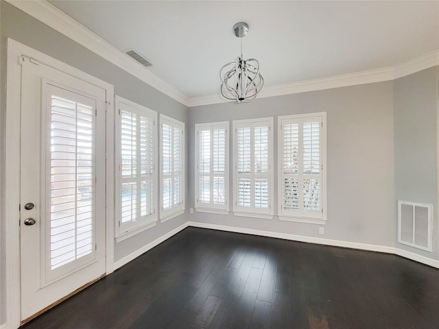 unfurnished dining area with dark hardwood / wood-style flooring, a notable chandelier, and ornamental molding