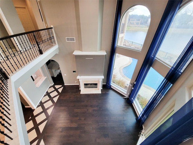 entrance foyer with dark wood-type flooring, a towering ceiling, a water view, and a wealth of natural light