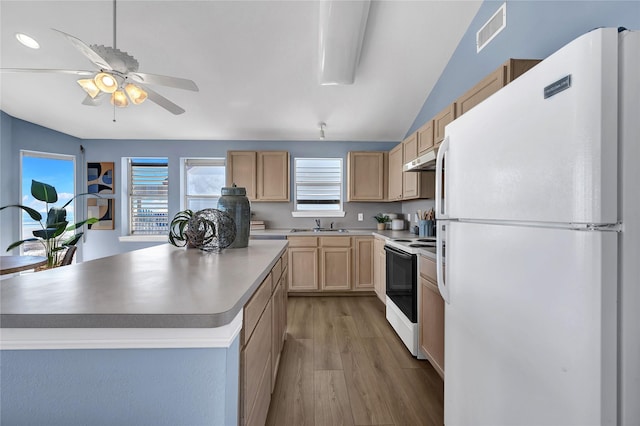 kitchen featuring ceiling fan, white appliances, light brown cabinetry, and light hardwood / wood-style floors