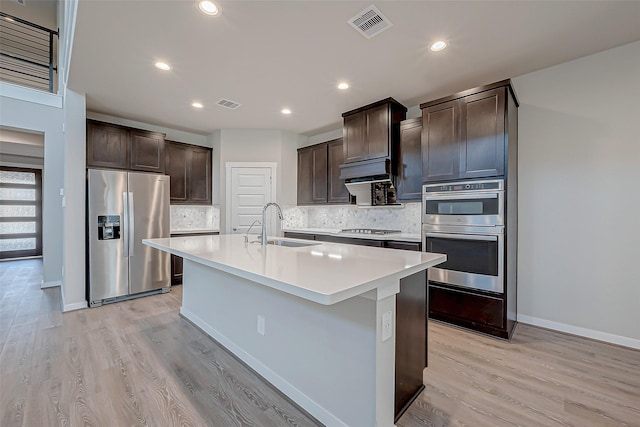 kitchen with sink, appliances with stainless steel finishes, backsplash, dark brown cabinets, and a center island with sink