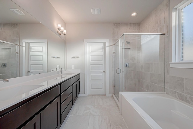 bathroom with plus walk in shower and vanity