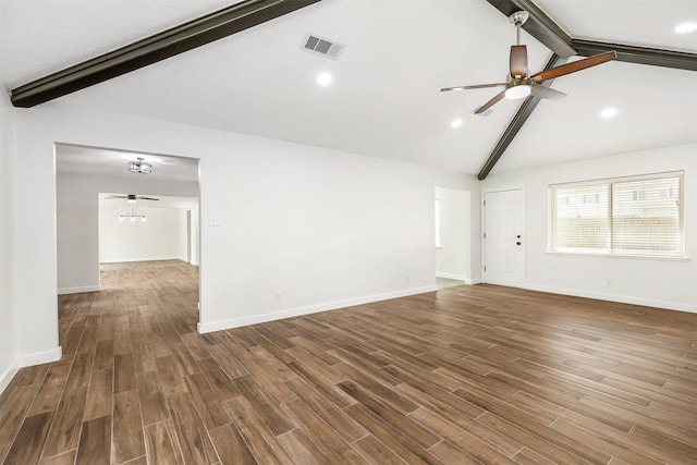 unfurnished living room featuring hardwood / wood-style floors, vaulted ceiling with beams, and ceiling fan