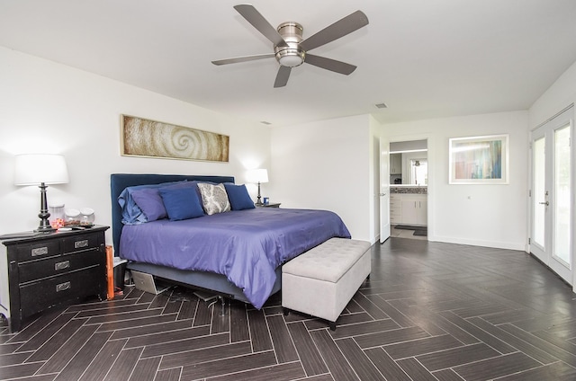 bedroom featuring ceiling fan and dark parquet floors