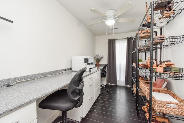 office featuring dark hardwood / wood-style floors and ceiling fan