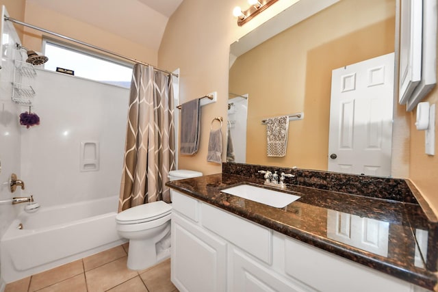 full bathroom featuring vanity, tile patterned floors, shower / bath combination with curtain, and toilet