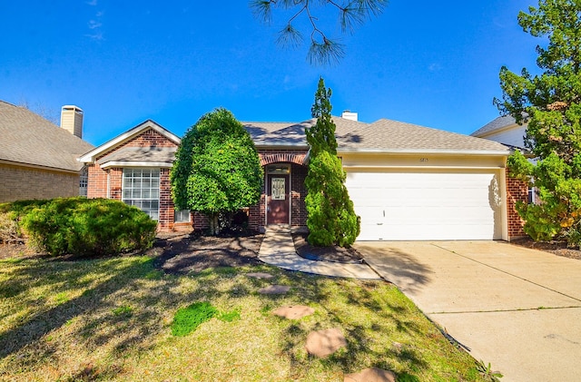 ranch-style home featuring a front lawn, brick siding, driveway, and an attached garage