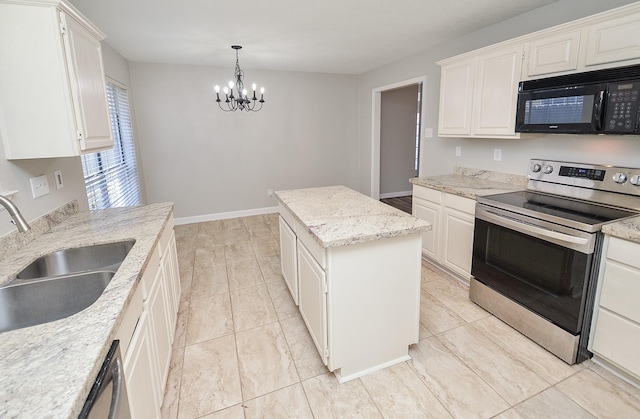 kitchen featuring black microwave, a kitchen island, stainless steel electric stove, white cabinetry, and a sink