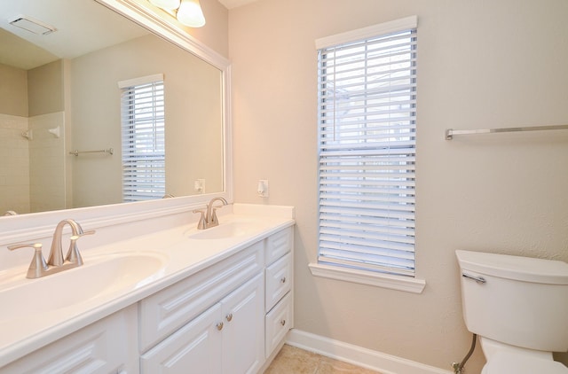 full bath with toilet, baseboards, visible vents, and a sink