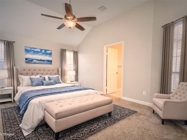 bedroom featuring lofted ceiling, light colored carpet, a ceiling fan, baseboards, and visible vents