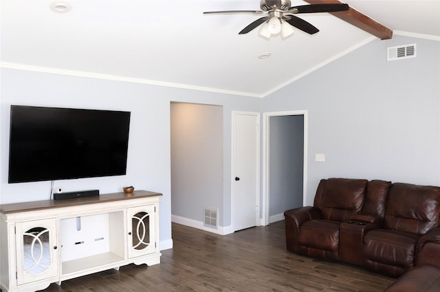 living room featuring ceiling fan, ornamental molding, dark hardwood / wood-style floors, and vaulted ceiling with beams