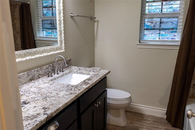 bathroom with vanity, a wealth of natural light, hardwood / wood-style floors, and toilet