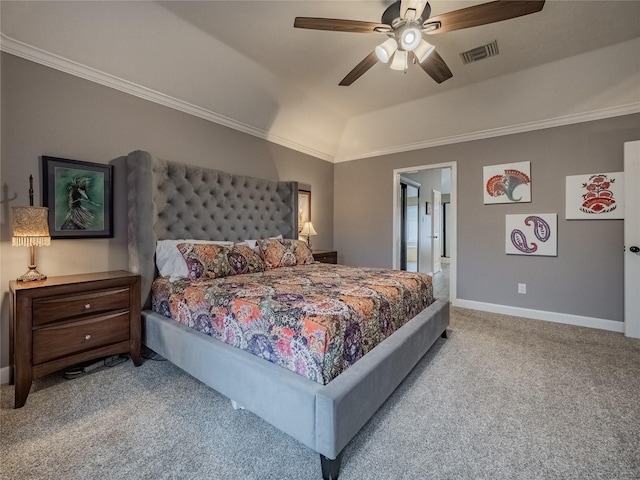 carpeted bedroom featuring lofted ceiling, crown molding, and ceiling fan