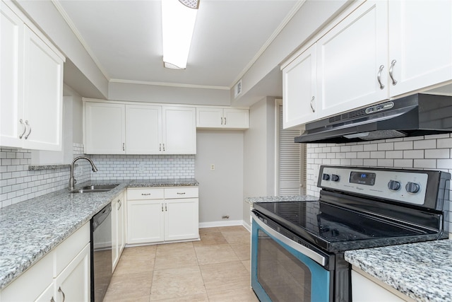 kitchen featuring sink, electric range, black dishwasher, ornamental molding, and white cabinets