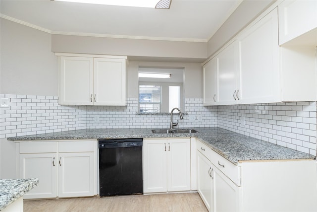 kitchen with ornamental molding, dishwasher, sink, and white cabinets