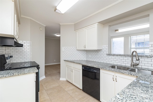 kitchen featuring sink, crown molding, black appliances, and white cabinets