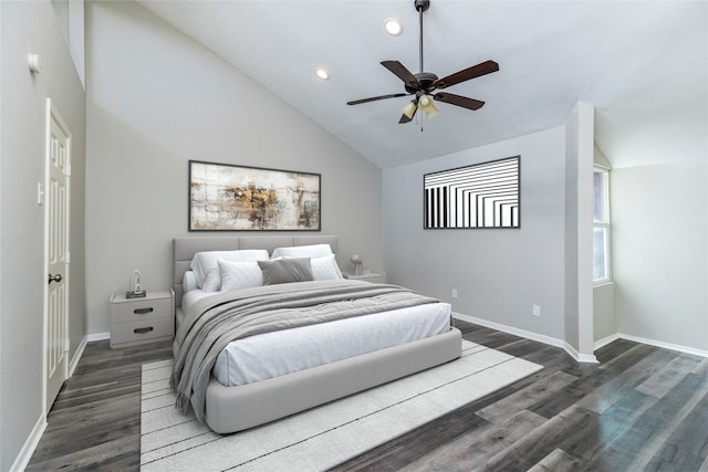 bedroom featuring high vaulted ceiling, dark hardwood / wood-style floors, and ceiling fan