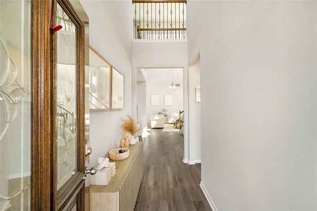 hall featuring a high ceiling and dark hardwood / wood-style flooring