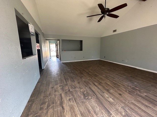 unfurnished living room featuring high vaulted ceiling, dark hardwood / wood-style floors, and ceiling fan