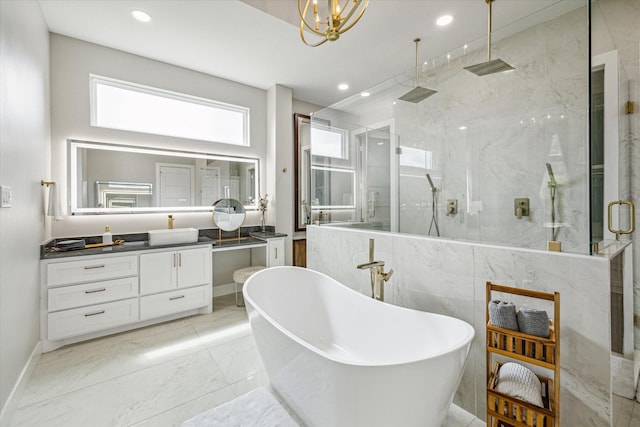 bathroom featuring vanity and plus walk in shower