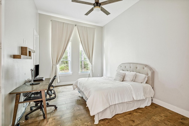 bedroom featuring hardwood / wood-style flooring and ceiling fan