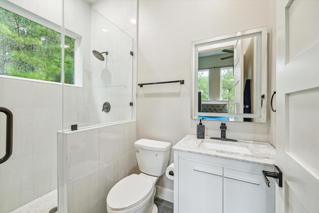 bathroom featuring a shower with door, vanity, and toilet