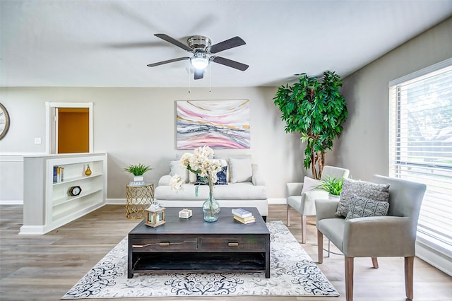 living room with ceiling fan and wood-type flooring